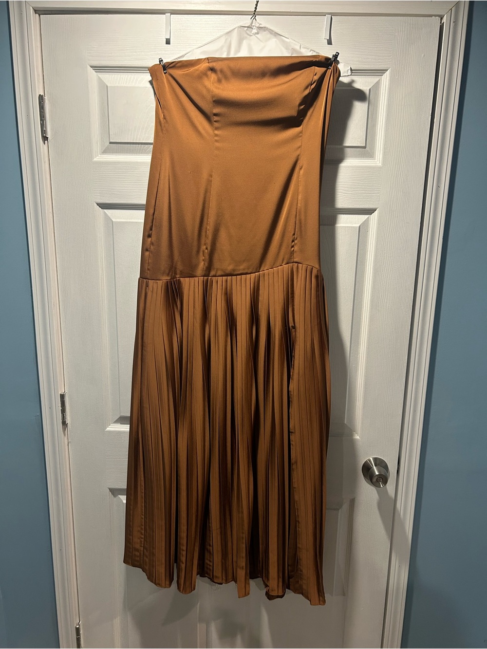 David's Bridal Strapless Pleated Midi Dress in Caramel
